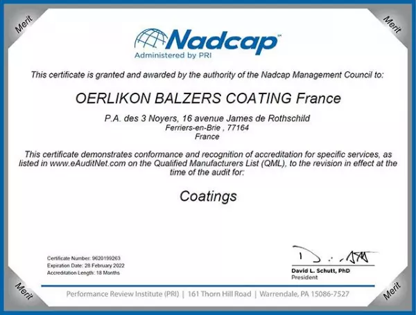 Oerlikon Balzers France receives Nadcap Merit status