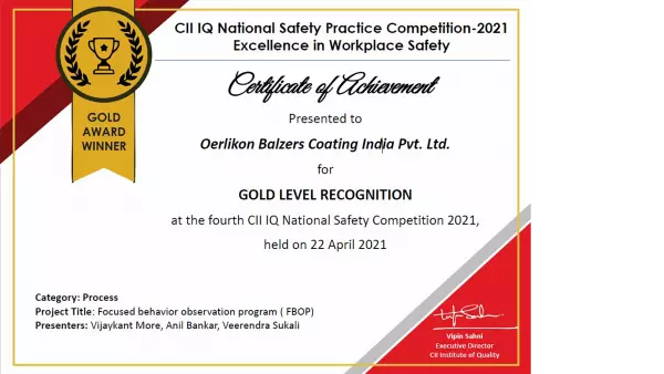 Oerlikon Balzers India achieves Gold award in 4th National Safety Practice Competition