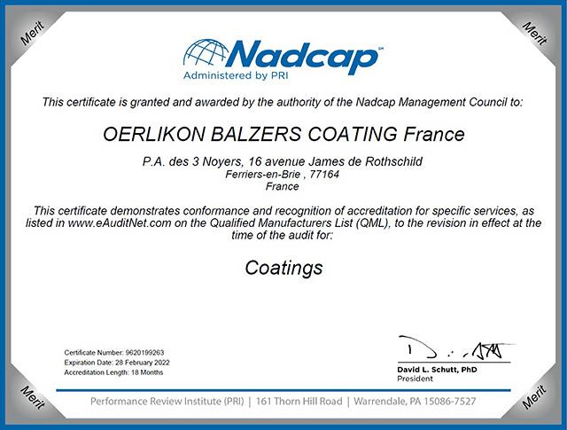 Oerlikon Balzers Frankreich erhält Nadcap Merit Status